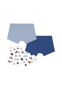 Σετ με τρία ανδρικά μπόξερ: ένα σκούρο μπλε, ένα απλό ανοιχτό γαλάζιο ριγέ και ένα λευκό με πολύχρωμα ζωικά μοτίβα.