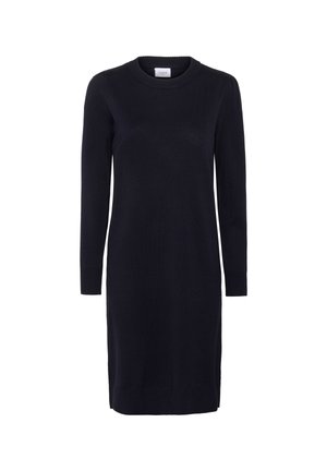 Robe tricotée bleu marine avec des manches longues, un col rond et des poignets côtelés. Silhouette droite, longueur genou et texture lisse.