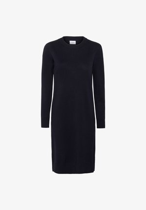 Tamno plava pletena haljina s dugim rukavima, okruglim izrezom i rebrastim manžetama. Ravna silueta, do koljena i glatka tekstura.