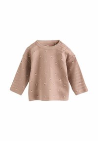 Hellbraunes, geripptes Langarm-Babyshirt mit kleinen verstreuten weißen und dunkelbraunen Blumenmustern sowie Druckknöpfen an der Schulter.