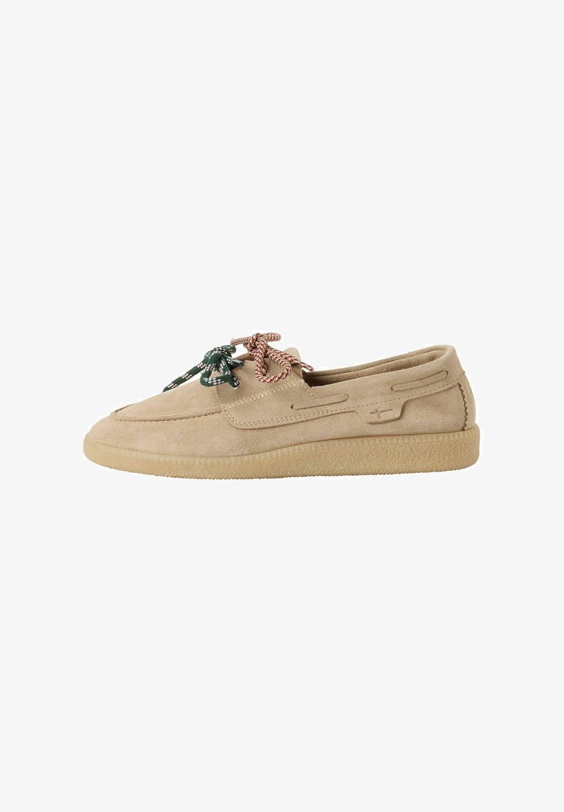 Chaussure décontractée en daim beige avec semelle épaisse et lacets bicolores verts et roses noués en un nœud, vue de côté.