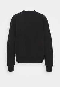 Sudadera negra con cuello redondo, mangas largas raglán, puños y dobladillo acanalados, fabricada en un tejido suave. Diseño simple sin patrones.