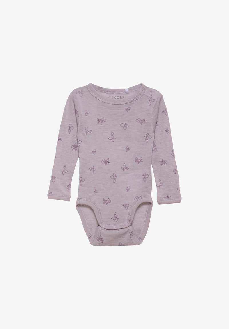 Body z długim rękawem w jasnym lawendowym kolorze z miękkim, teksturowanym wykończeniem. Posiada kwiatowy wzór w ciemniejszym odcieniu purpury oraz zatrzaski na ramieniu.