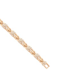 Bracciale in metallo color oro rosa caratterizzato da link intrecciati, alternati a grappoli floreali decorati con gemme trasparenti. Texture liscia, chiusura sicura.