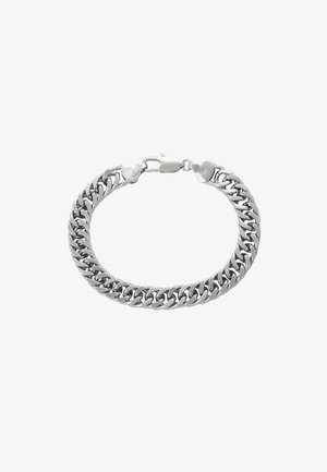 Silberne Metallarmband mit verflochtenen Kettengliedern und einem Clipverschluss. Glatte Oberfläche und glänzende Optik. Geeignet für lässige oder formelle Anlässe.