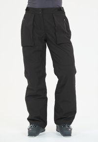 Pantalons de ski noirs en matériau durable, présentant un design à jambes larges, de multiples poches et une taille à deux boutons pour un maintien sécurisé.