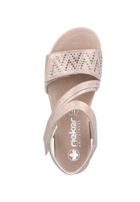 Beige sandal with decorative rhinestones, crossed straps, cushioned footbed, and open heel design for comfort. Flat sole, lightweight material.