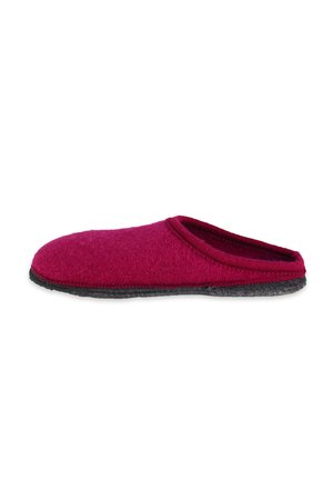 Felt slipper in deep magenta with a black rubber sole. Features a rounded toe and a soft, slip-on design.