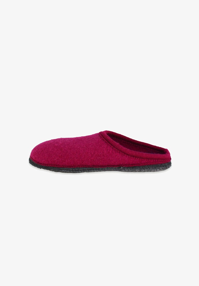 Vilt slipper in diep magenta met een zwarte rubberen zool. Heeft een ronde neus en een zacht, instapontwerp.