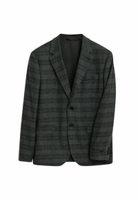 Grau karierter Blazer aus strukturiertem Stoff, mit zwei Knöpfen, Reverskragen und Seitentaschen. Markenetikett sichtbar am Ärmel.