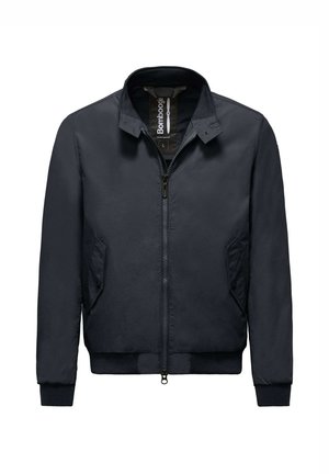 Giacca bomber navy con zip anteriore, colletto, tasche laterali, polsini e orlo a costine, realizzata in tessuto liscio e resistente.