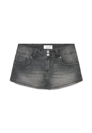 Pantaloncini in denim grigio scuro con doppia chiusura a bottone, tasche frontali, passanti per cintura e un'etichetta del marchio all'interno della vita.