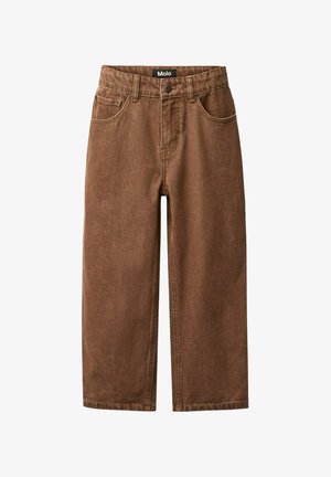 Jeans marron à jambes larges en denim avec une finition texturée. Comprend une fermeture à boutons, des passants pour ceinture et des poches avant pour plus de fonctionnalité.