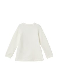 Ein einfaches, langärmliges, weißes Crewneck-Shirt flach liegend, das die Rückseite mit gerippten Bündchen und Saumnaht zeigt.