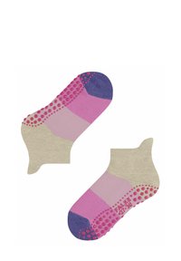 Dwie pary kolorowych skarpetek do kostek, w odcieniach różowym, fioletowym i beżowym, z gumowymi punktami antypoślizgowymi na podeszwach.