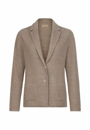 Taupe strikket blazer med revers, to knapper foran og påsyede lommer, vist på en hvid baggrund.
