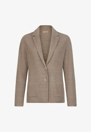 Taupefarbenes Strickblazer mit Revers, zwei Frontknöpfen und aufgesetzten Taschen, vor weißem Hintergrund dargestellt.