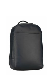 Sac à dos en cuir noir à texture lisse, de forme rectangulaire, avec une poignée supérieure et des détails de couture discrets. Comprend une fermeture éclair.