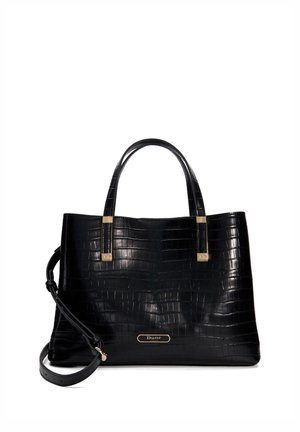Sac à main noir à motif crocodile avec double poignée supérieure, bandoulière amovible et plaque de marque dorée à l'avant.