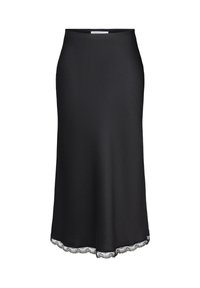 Jupe noire mi-longue avec taille ajustée et délicate bordure en dentelle le long de l'ourlet, présentée sur un fond blanc uni.