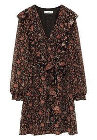 Robe noire à motifs floraux avec des manches volantes, décolleté en V profond, taille cintrée et ceinture à nouer. Présente un motif de roses et de feuilles dans des tons chauds.