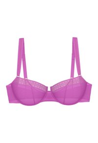 Purpursarkani krūšturis ar regulējamām siksnām un sietveida audumu, kas rotāts ar smalku ģeometrisku mežģīni augšējo kausu daļā.