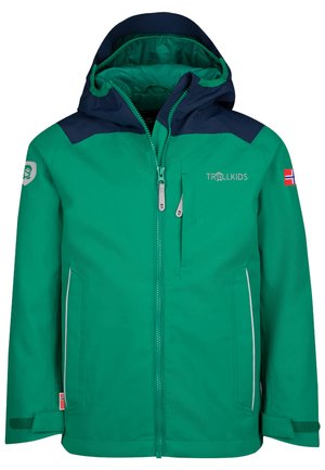 Green and navy waterproof jacket with a front zipper, a hood, and side pockets. Features logo patch and reflective accents.