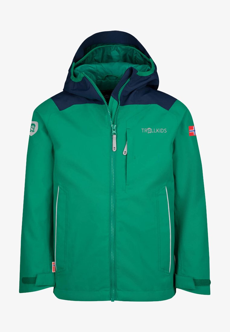 Green and navy waterproof jacket with a front zipper, a hood, and side pockets. Features logo patch and reflective accents.