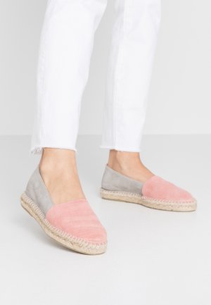 Suede espadrilles with a gray and pink color block design and a woven jute outsole. Features a rounded toe and slip-on style.