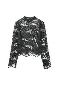 Top nero in pizzo a maniche lunghe con motivi floreali e orlo smerlato. Presenta dettagli intricati con perline su tessuto trasparente.