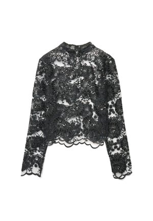 Top nero in pizzo a maniche lunghe con motivi floreali e orlo smerlato. Presenta dettagli intricati con perline su tessuto trasparente.