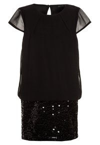 Svart kortärmad klänning med genomskinliga övre ärmar, nyckelhålsrygg och en åtsittande kjol prydd med svarta paljetter.