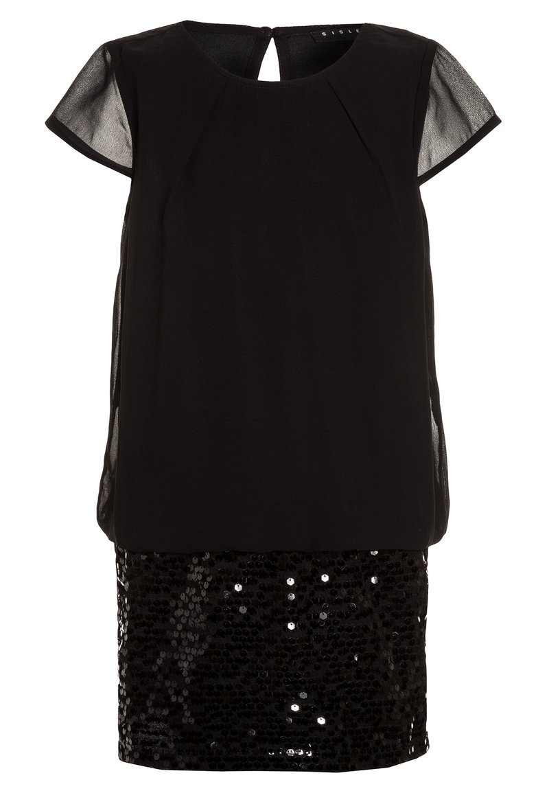 Svart kortärmad klänning med genomskinliga övre ärmar, nyckelhålsrygg och en åtsittande kjol prydd med svarta paljetter.