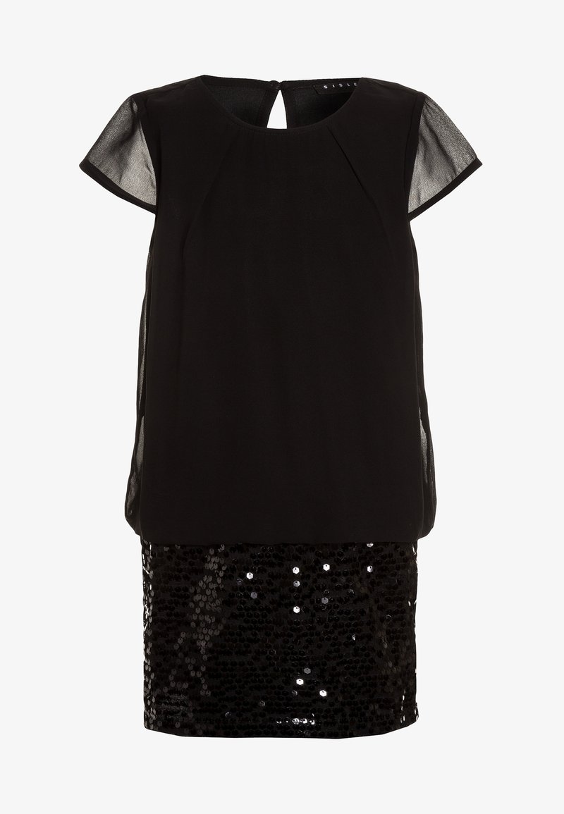 Vestido negro de manga corta con mangas superiores transparentes, espalda con abertura en forma de llave y falda ajustada adornada con lentejuelas negras.