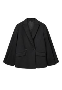 Veste noire croisée à revers à pointe, coupe oversize, et deux poches avant. Le tissu a une texture lisse avec un design structuré.