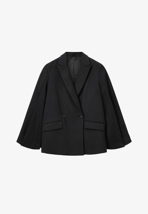 Black double-breasted jacket with peak lapels, oversized fit, and two front pockets. Fabric has a smooth texture with a structured design.