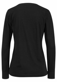 Black long-sleeve shirt with a rounded neckline and fitted shape. Made of soft, smooth fabric with simple, clean lines and no embellishments.