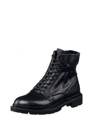 Schwarze Lederstiefel mit rundem Zehenbereich, Schnürung auf der Vorderseite, gepolstertem Kragen und strukturierter Oberfläche. Robuste Gummisohle für Langlebigkeit.