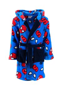 Blauer, weicher Bademantel mit Spider-Man-Muster. Mit Kapuze, schwarzem Saum und zwei Fronttaschen. Angenehme Textur und Bindegürtel.
