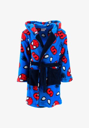 Accappatoio blu in peluche con motivi di Spider-Man. Design con cappuccio, rifiniture nere e due tasche frontali. Tessuto morbido e chiusura con cintura.