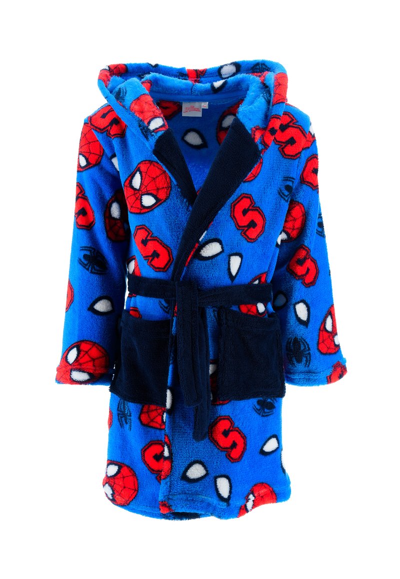 Blauer, weicher Bademantel mit Spider-Man-Muster. Mit Kapuze, schwarzem Saum und zwei Fronttaschen. Angenehme Textur und Bindegürtel.