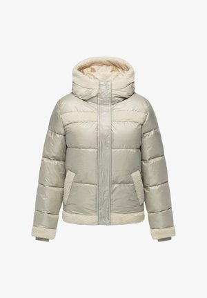 Giacca gonfiabile grigio chiaro con cappuccio foderato in pelliccia, dettagli in peluche, due tasche laterali e una texture liscia e lucida. Presenta pannellature orizzontali.