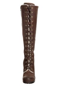 Braune lederne kniehohe Stiefel mit einer Schnürung vorne und Metallösen, einem Futter aus Schafsleder und einem seitlichen Reißverschluss für einen einfachen Einstieg.