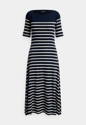 Robe midi à rayures bleu marine et blanches avec des manches jusqu'au coude et une taille cintrée, conçue pour un usage décontracté ou semi-formel.