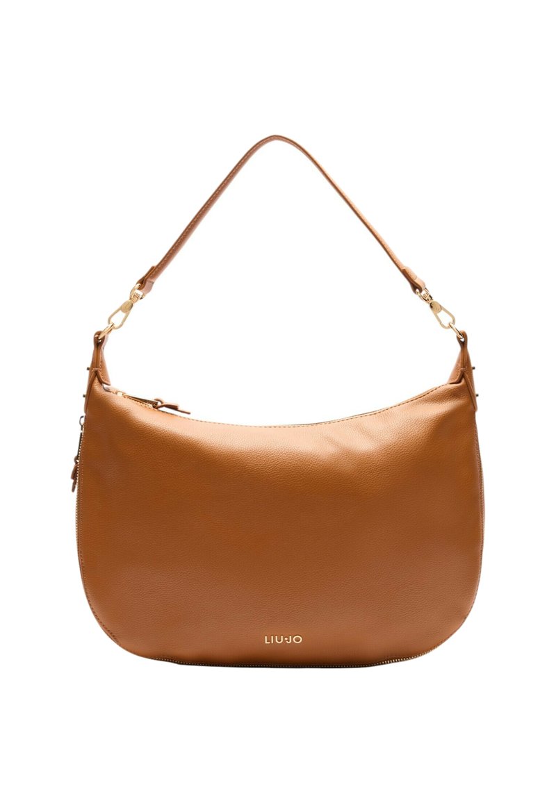 Borsa a spalla in pelle marrone con una texture liscia, chiusura con zip e finiture in metallo dorato. Presenta una singola tracolla e un logo discreto.