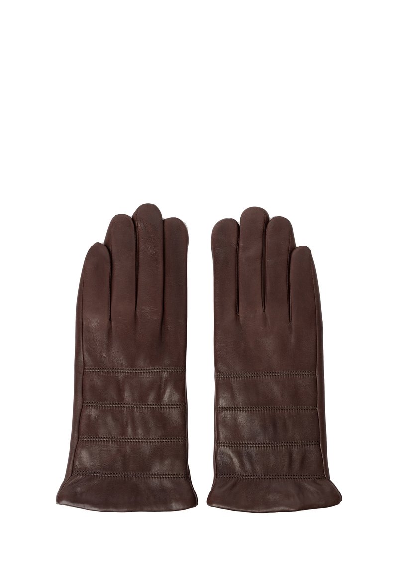 Guantes de cuero marrón con una textura suave, con cinco dedos y acentos de costura horizontal. Diseño clásico y forma ajustada.