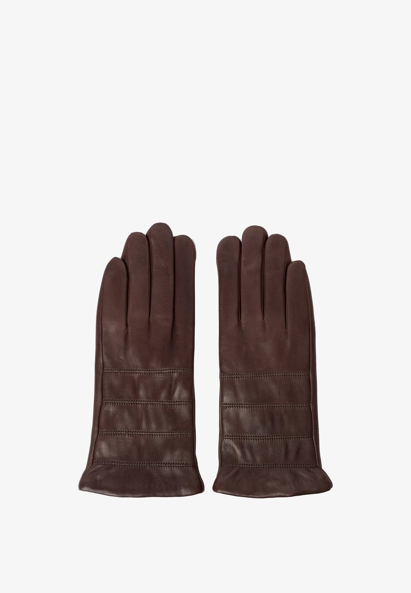 Guantes de cuero marrón con una textura suave, con cinco dedos y acentos de costura horizontal. Diseño clásico y forma ajustada.