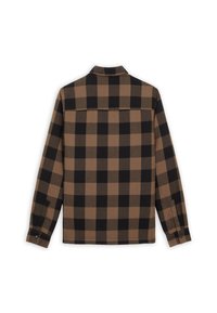 Brun och svart rutigt flanellskjorta, långärmad, med knäppta manschetter, krage, bakrygg och texturerad tyg.