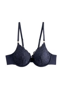 Tamsiai mėlynas nėrinių liemenėlė su lankeliais, su paminkšintais kaušeliais, reguliuojamomis petnešėlėmis ir lygiu nugarėlės dirželiu. Kaušeliuose yra tekstūruotų nėrinių detalės.