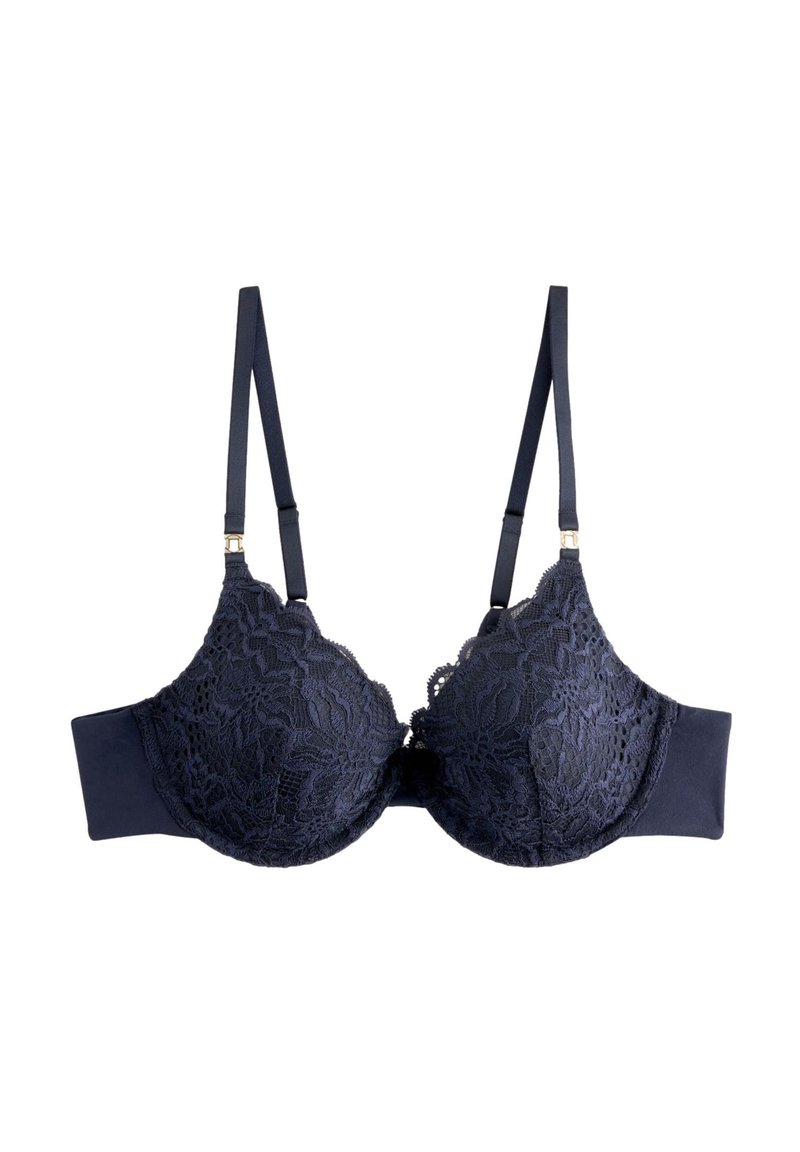 Tamsiai mėlynas nėrinių liemen�ėlė su lankeliais, su paminkšintais kaušeliais, reguliuojamomis petnešėlėmis ir lygiu nugarėlės dirželiu. Kaušeliuose yra tekstūruotų nėrinių detalės.